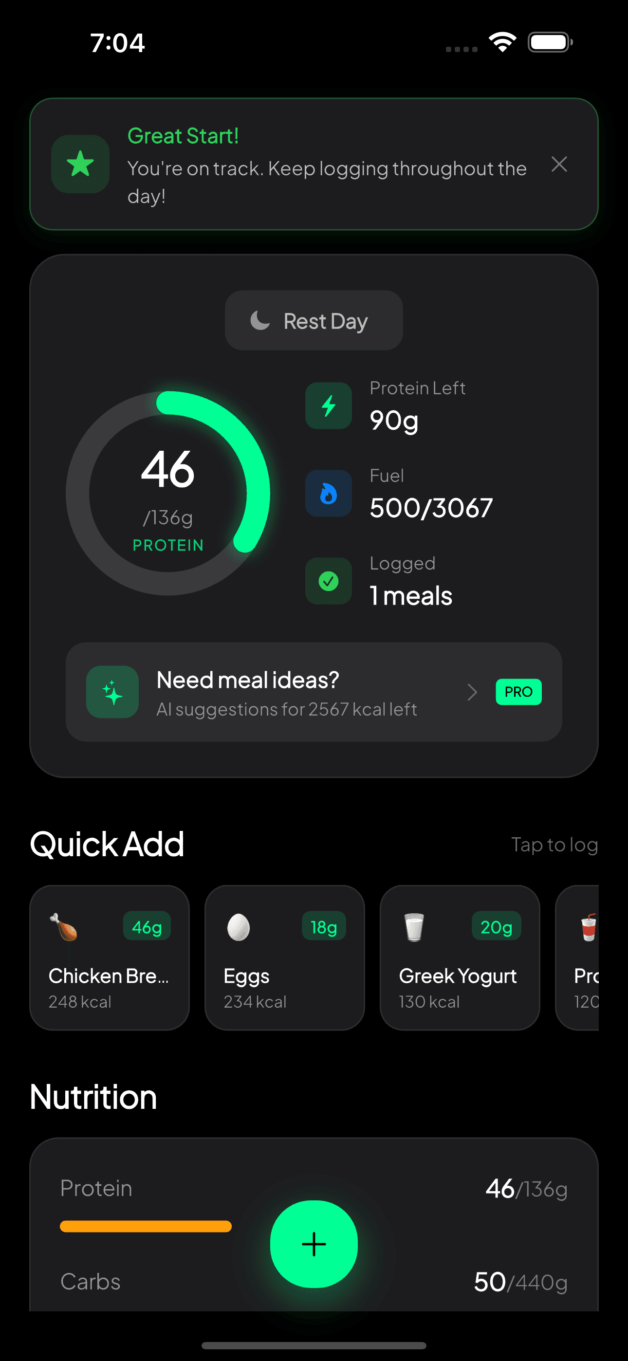 MeaLens Dashboard — 46g protein tracked